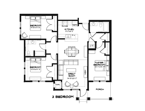 Floor plan for 3 beds, 2 baths, 1206 sqft